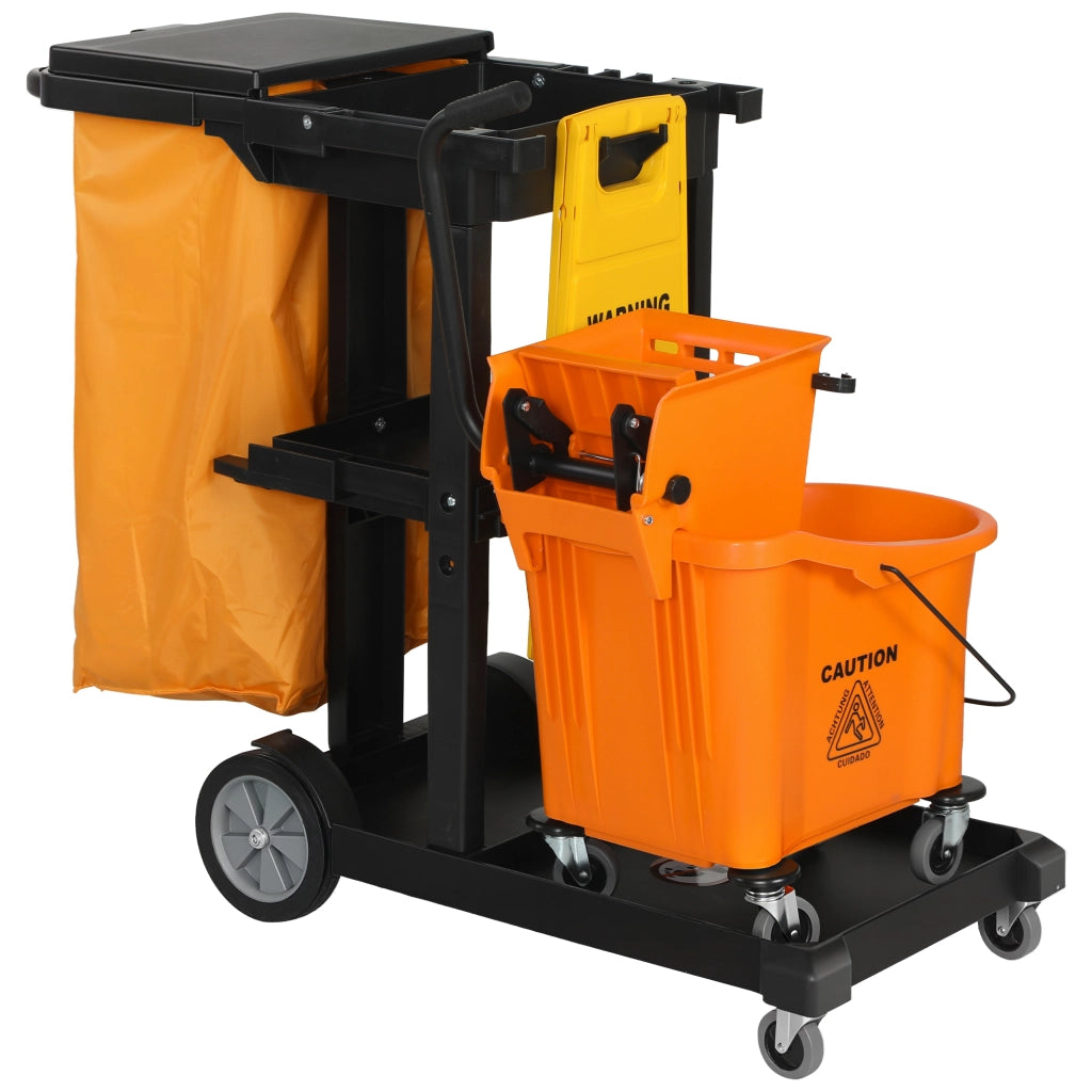 Carrello Pulizie: Ruote. 3 Ripiani. Sacco 70L. Secchio con Strizzatore.