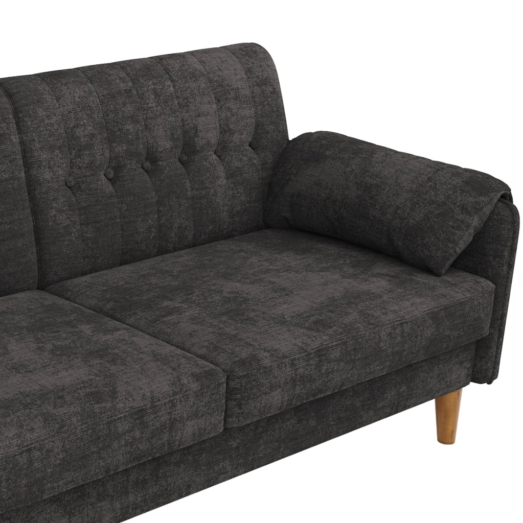 Divano 2 posti moderno in chenille grigio con cuscini laterali e gambe in legno massello