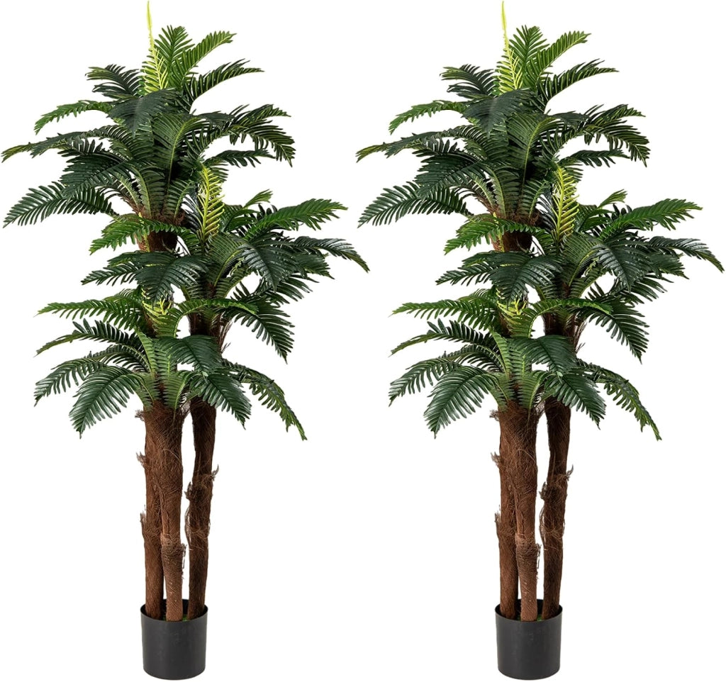 Set di 2 Palme Artificiali Altezza 1,9 m, Pianta Tropicale Artificiale con 45 + 3 Foglie Regolabili, 3 Tronchi & Vaso da Fiori, Falsa Pianta Interna Decorativa per Soggiorno, Ufficio