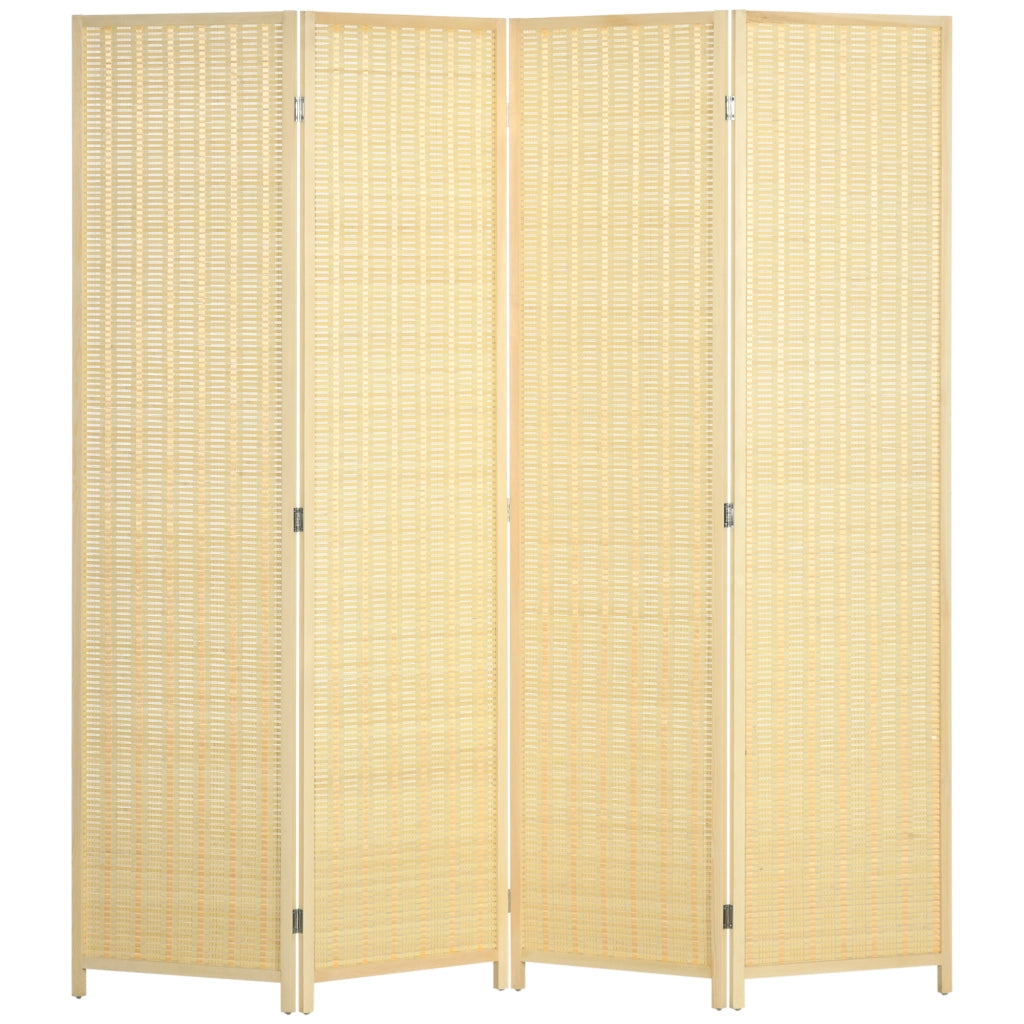 Paravento divisorio a 4 pannelli in bambù e cotone, 180 x 180 cm, pieghevole, colore legno naturale