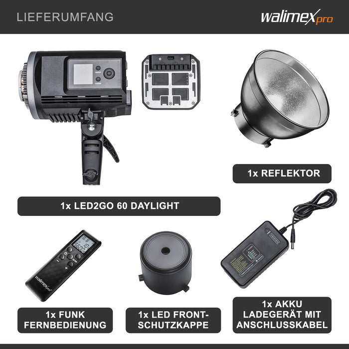 LED2Go 60 Faro per fotografia 60 W Luce LED fotografica con batteria, per foto e video, attacco Bowens tipo S, tecnologia COB