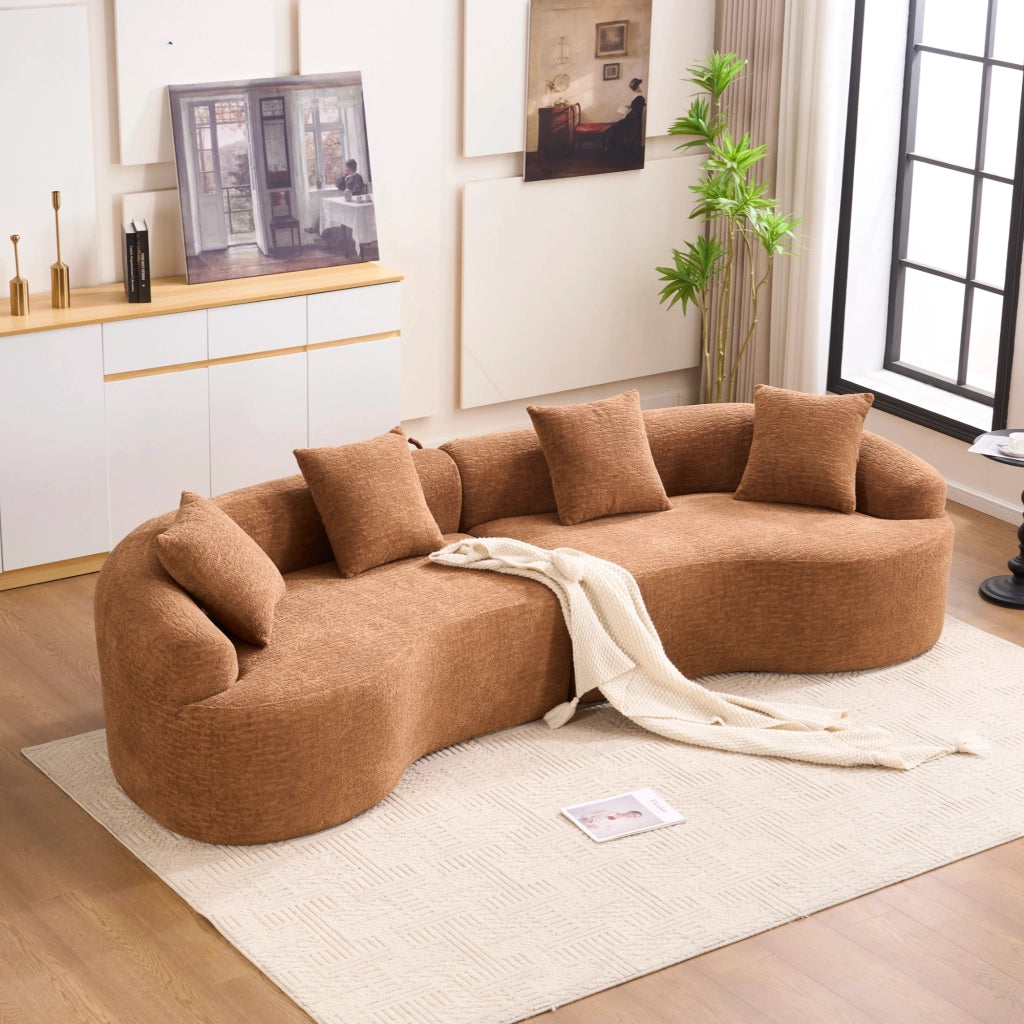 Divano ad angolo modulare 4 posti in chenille con design curvo e comfort elevato per soggiorno, color caramello