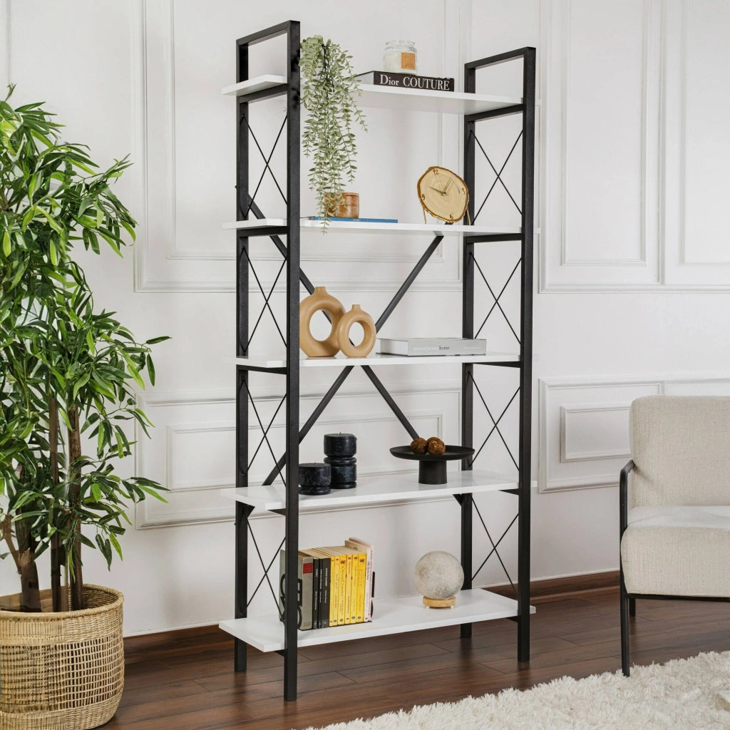 Libreria Suriel, Scaffale da ufficio, Mobile portalibri, Biblioteca, 90x34 h180 cm, Bianco e Nero