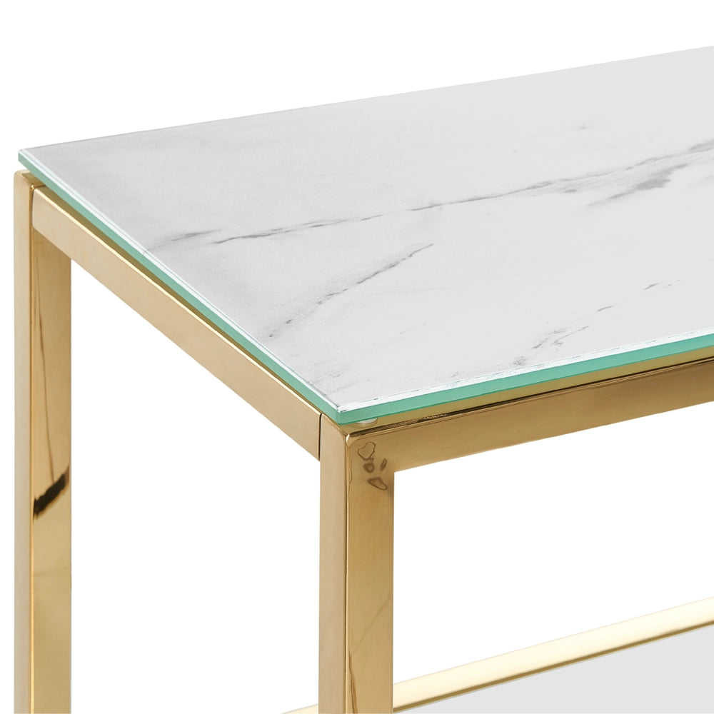 Consolle Bianco con Vetro Temperato dorato Acciaio Inox Mensola 80 x 30 cm Rettangolare Glam Moderno Soggiorno Camera da Letto Corridoio