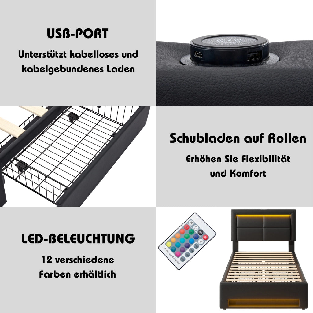 LETTO Imbottito 90x190 cm PU Nero con USB, LED e 4 cassetti