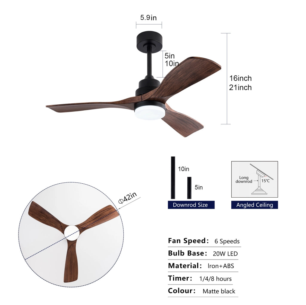 Ventilatore da soffitto 42 pollici con luce LED e telecomando; nero e noce scuro in ABS