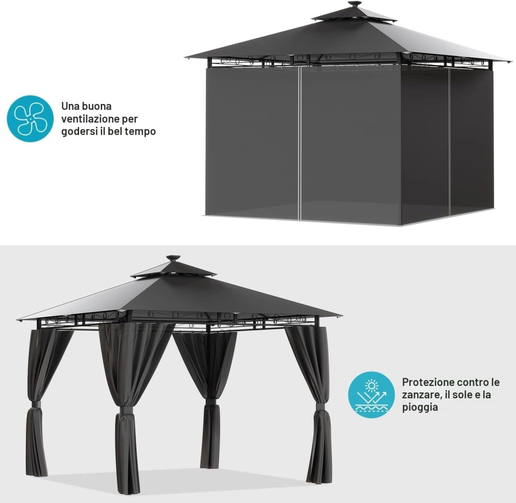 Gazebo Esterno Resistente 3x3m con Luce LED, Gazebo da Giardino Impermeabile Robusto per 4-6 Persone, Doppio Tetto Protezione UV50+, Tenda da Giardino per Famiglie Festival Eventi, Grigio