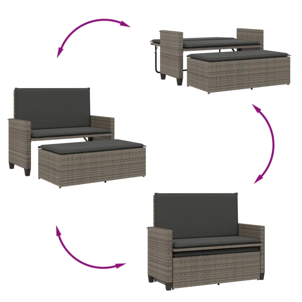 Panca da Giardino con Cuscini e Poggiapiedi Grigia Polyrattan 368409