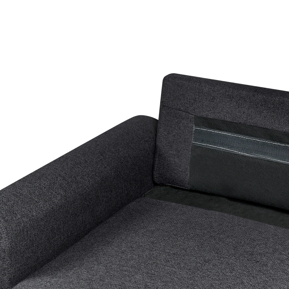 Divano letto angolare con contenitore lato destro nero rivestimento in poliestere effetto lino contenitore cuscini design moderno