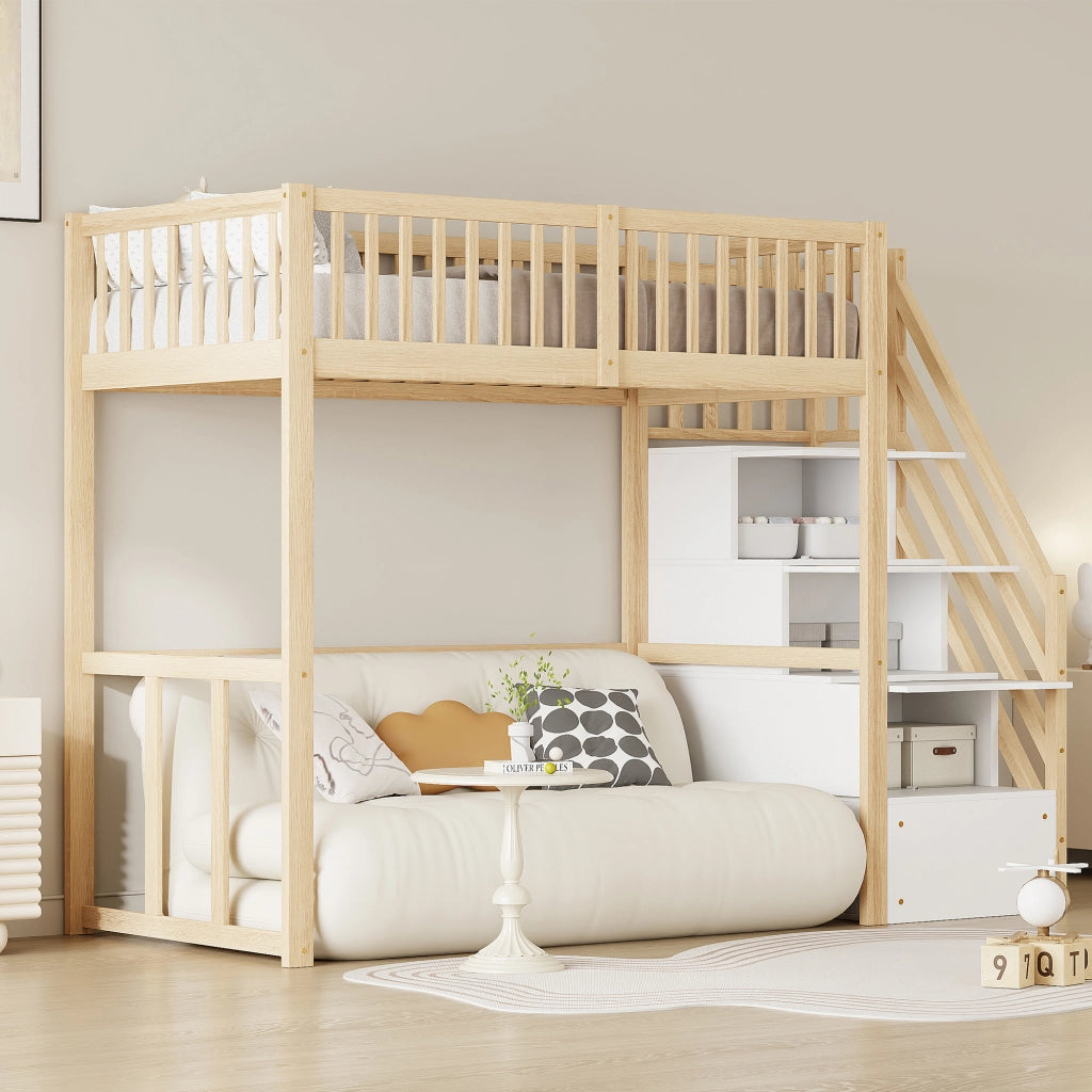 Letto a castello in legno di pino naturale con scala portaoggetti 90x200 cm