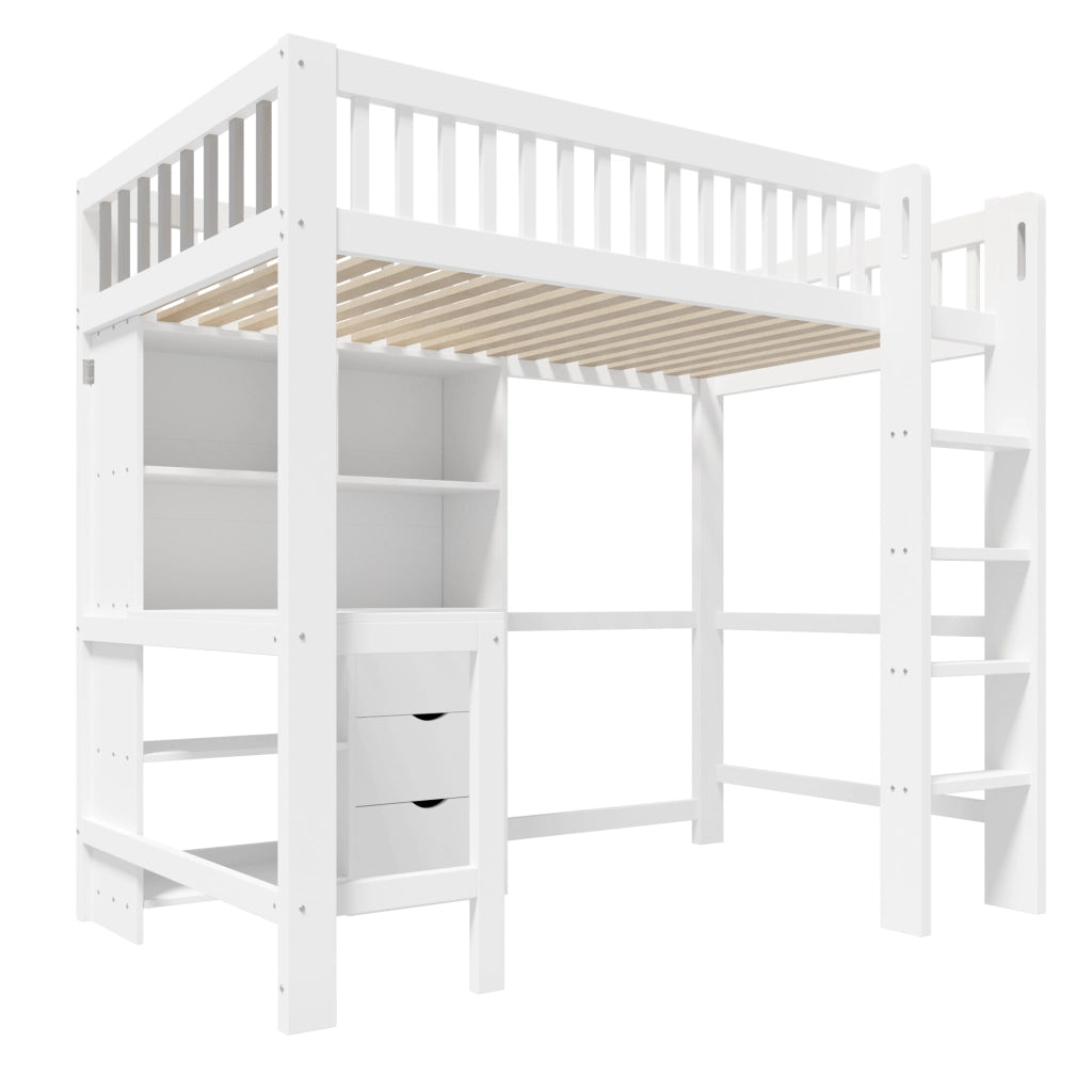 Letto a soppalco singolo 90×200 cm con scala; scrivania; 3 cassetti e ripiani; senza materasso; bianco