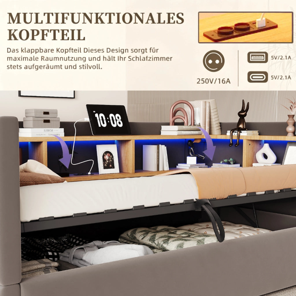 Letto imbottito, divano letto idraulico 90x190 cm, luci a LED, presa di corrente, vano portaoggetti, grigio chiaro