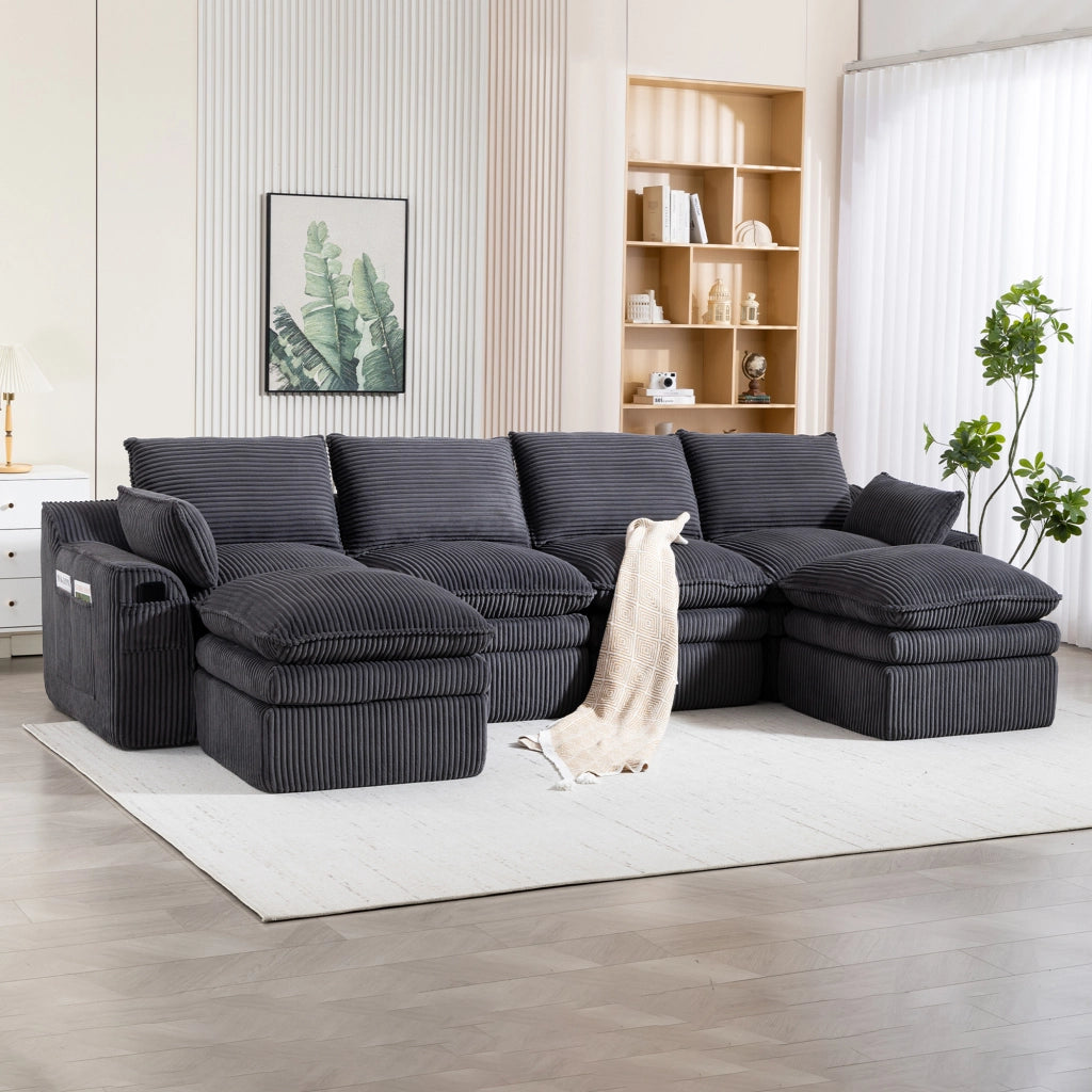 DIVANO modulare 4 posti 335x167x85 cm in corduroy grigio scuro con 2 pouf
