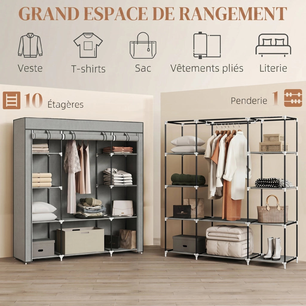 Armadio guardaroba in tessuto pieghevole ¨C Xylo ¨C Grigio chiaro con asta appendiabiti e ripiani 150x43x162,5cm