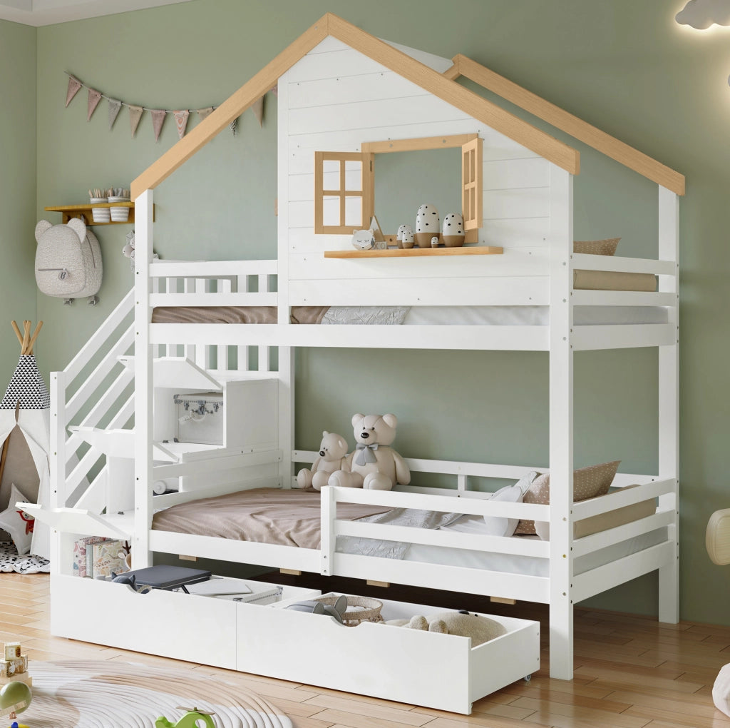 Letto a castello 90x200 cm in pino e MDF con scale contenitore e cassetti