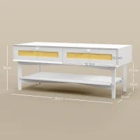 Tavolino da Caffè Boho con 2 Cassetti e Ripiano, in Rattan e Truciolato, 120x50x50 cm, Bianco e color Legno