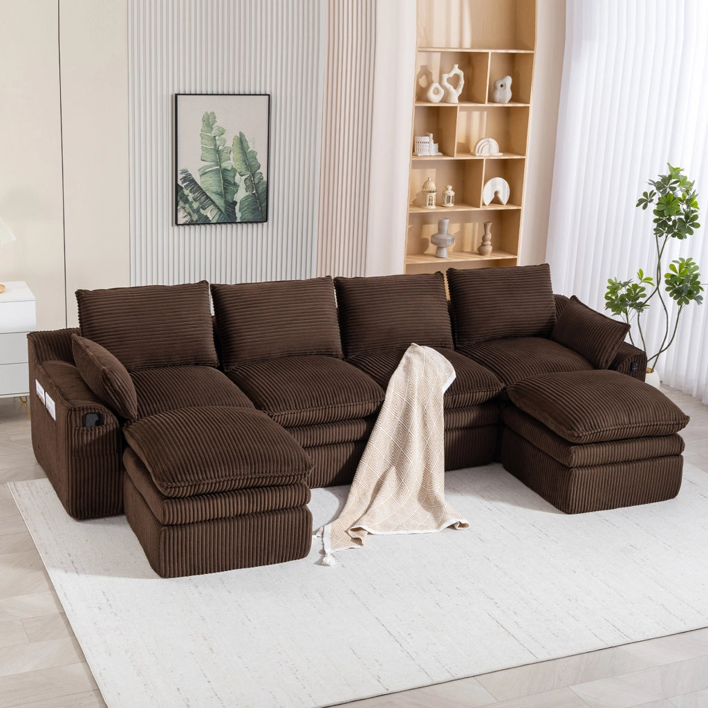Divano modulare 4 posti in tessuto a coste con cuscini e tasche laterali e comfort a molle marrone 335 × 167 × 85 cm