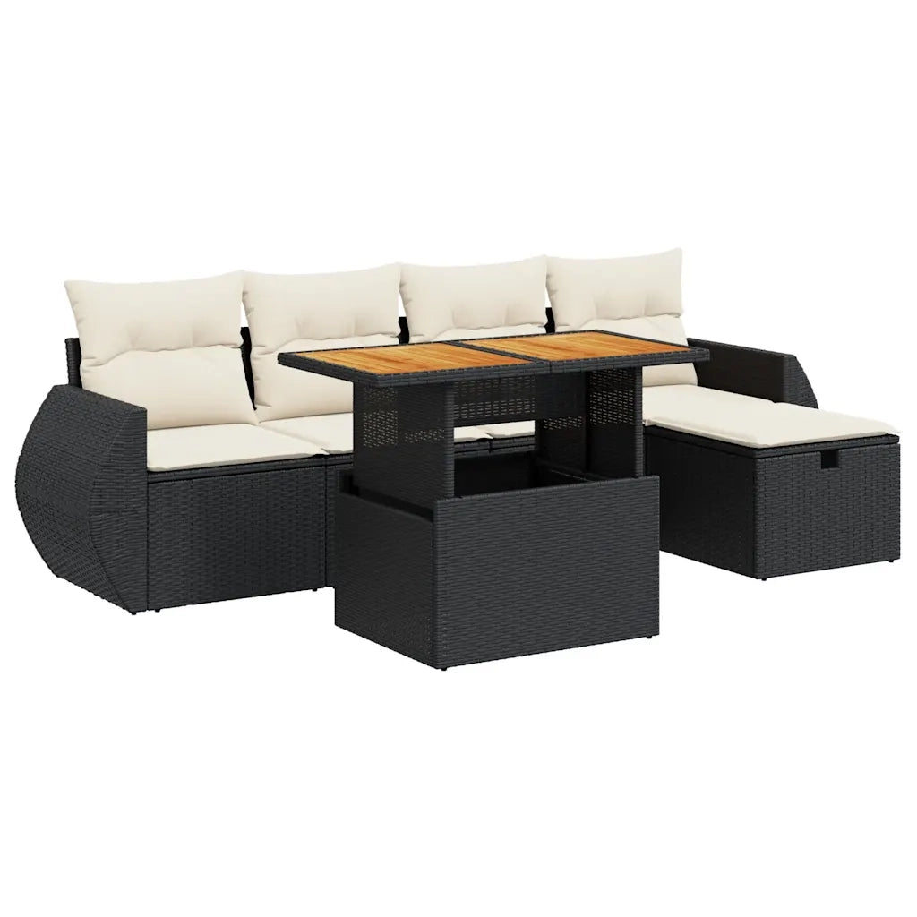 Set Divano da Giardino 6 pz con Cuscini Nero Polyrattan Acacia 3328050