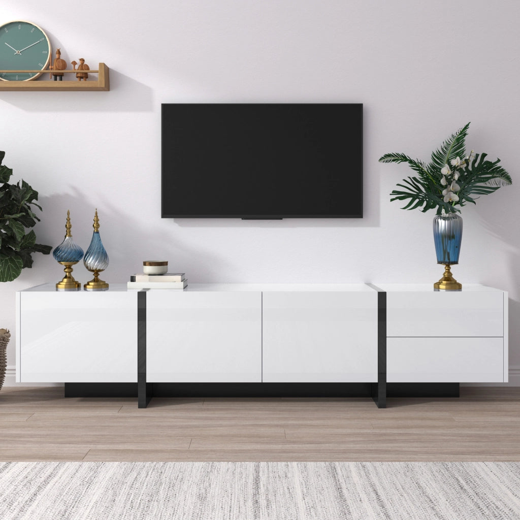 Mobile TV bianco e nero lucido con ante, cassetti e scaffali interni, 190x35x45 cm