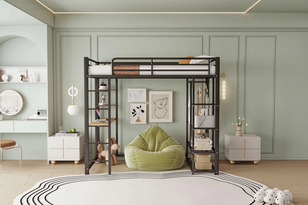 Letto a castello singolo nero con funzione di scrivania e contenitori in metallo 90x200 cm