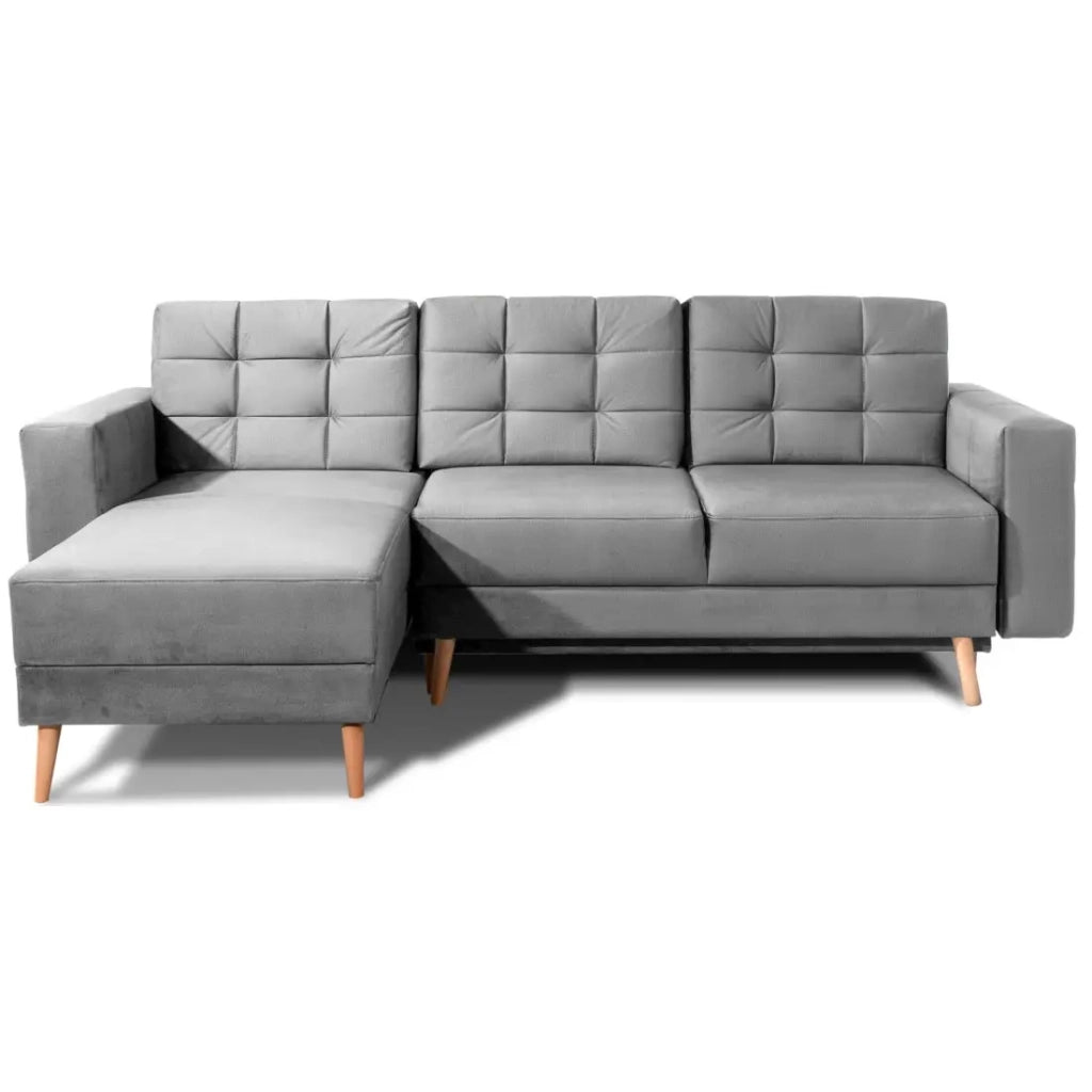 Divano ad angolo convertibile HASGARD 3 posti grigio 248x162 cm - con vano contenitore e piedi in legno