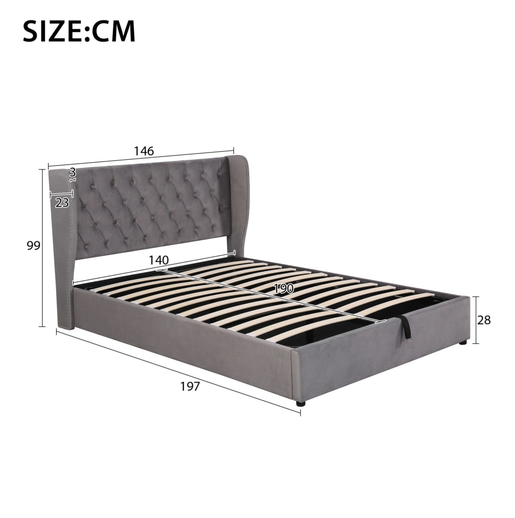 Letto imbottito in velluto grigio con contenitore 197x146x99 cm