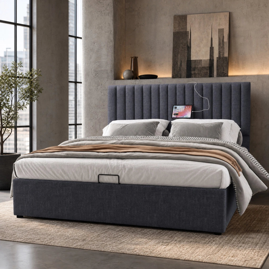 LETTO imbottito con materasso incluso, LED App-Control, USB Type-C, 160x200 cm, grigio