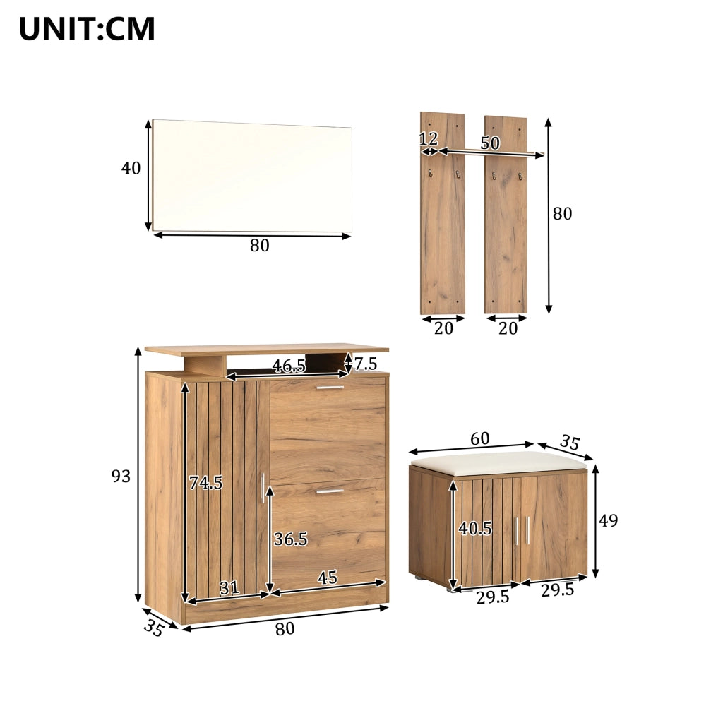 Mobile da ingresso 140x35x133 cm con panca; scarpiera e specchio in truciolato naturale