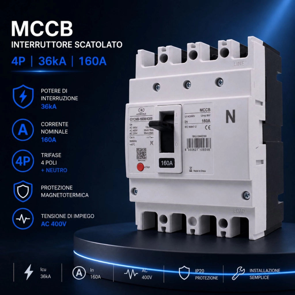 Interruttore Scatolato MCCB 4P 160A 36kA, Magnetotermico Trifase AC 400V