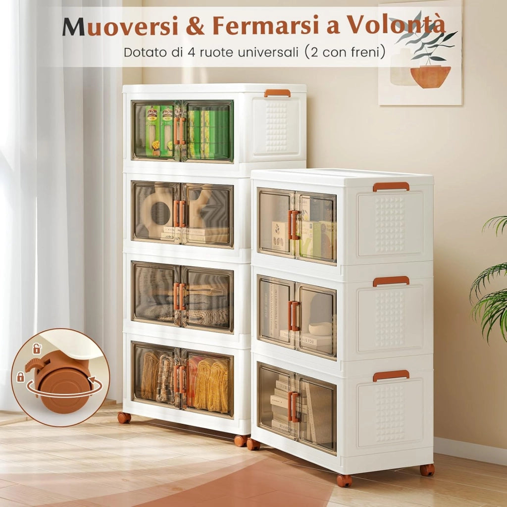 Contenitori Pieghevoli con Coperchio, Set da 4/3 Scatole di Plastica Impilabili con Ruote, per Organizzatore di Armadio con Porte a Apertura Frontale, Multiuso (68,5 x 37,5 x 107 cm)