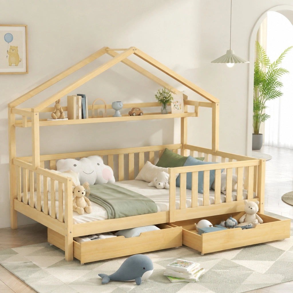 Letto a casetta per bambini 90x200 cm con cassetti, colore naturale, in legno di pino