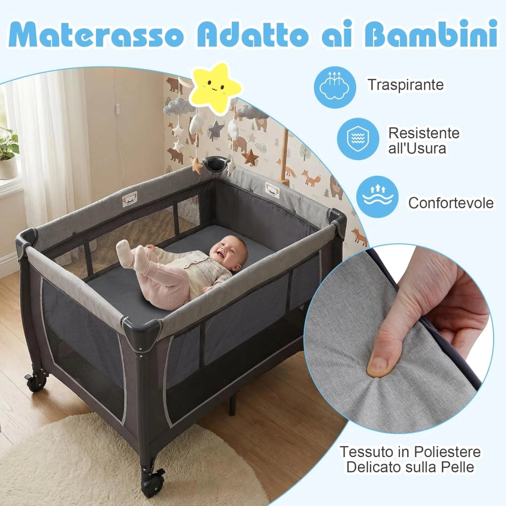 Culla Campeggio Bambini 5 in 1, Lettino Viaggio Neonati Pieghevole con Materasso, Fasciatoio e Tettoia, Box Portatile con Ruote, 2 Giocattoli Appesi e Carillon, per Bambini 0-3 Anni (Grigio)