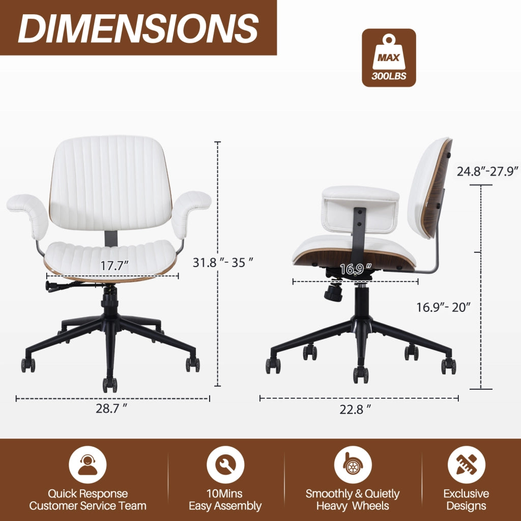 Sedia da ufficio girevole moderna con ruote, braccioli imbottiti e cuciture a mano in pelle PU e metallo beige