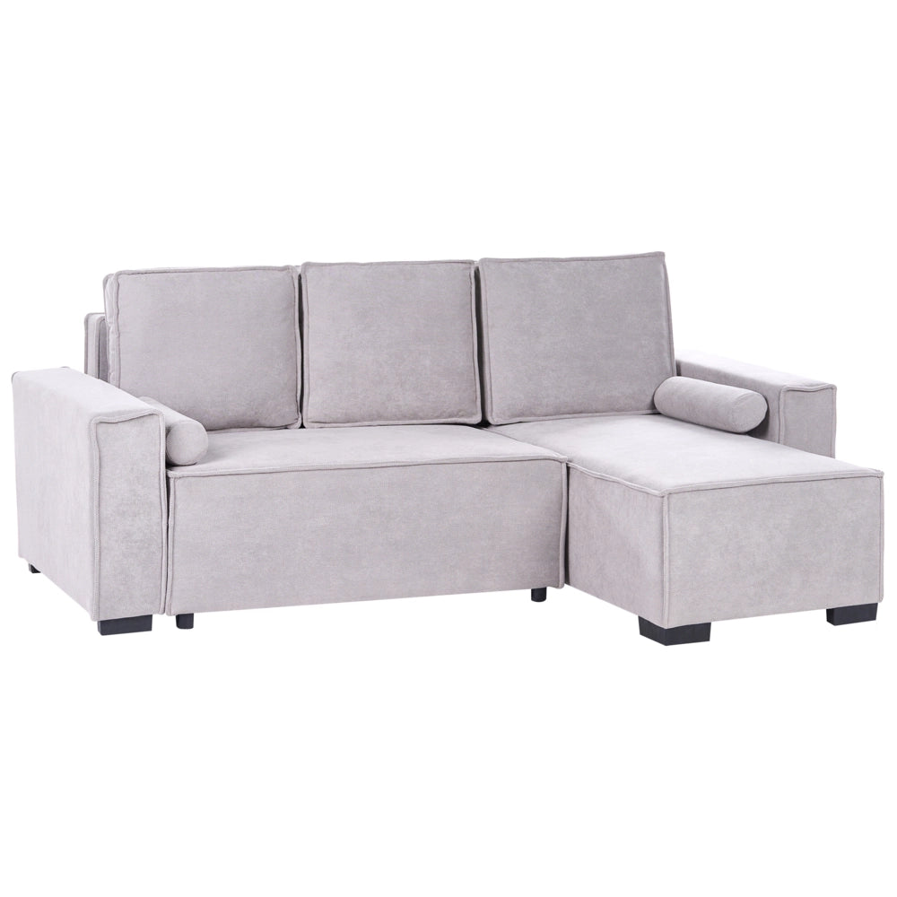 Divano letto angolare a 3 posti con rivestimento in tessuto grigio lato sinistro con braccioli contenitore reversibile stile moderno soggiorno