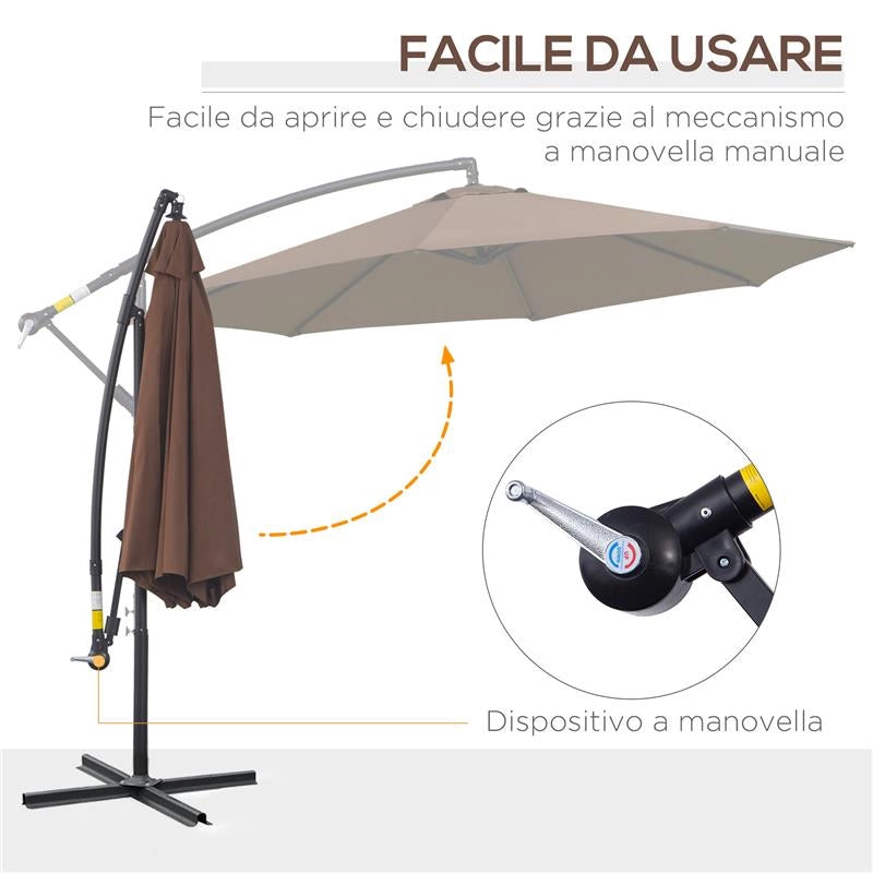 OMBRELLONE DECENTRATO Ø 3X2.5 M CON BASE A CROCE E MANOVELLA IN ACCIAIO E POLIESTERE COLOR CAFFÈ