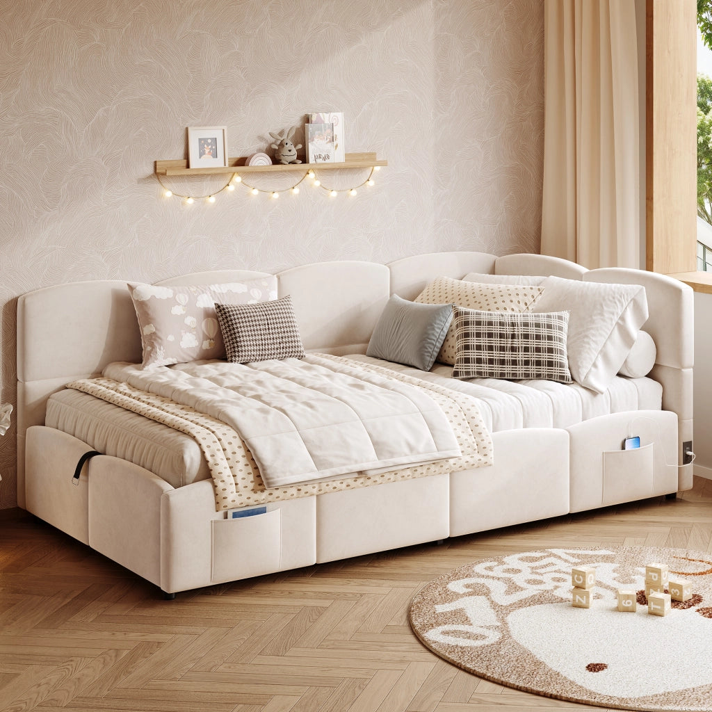 Letto a divano con vano contenitore in velluto beige 90x200 cm