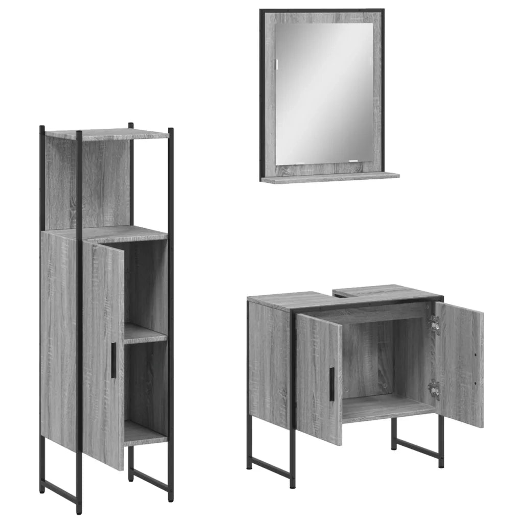 Set Mobili da Bagno | Armadio da bagno 3 pz Grigio Sonoma in Legno Multistrato