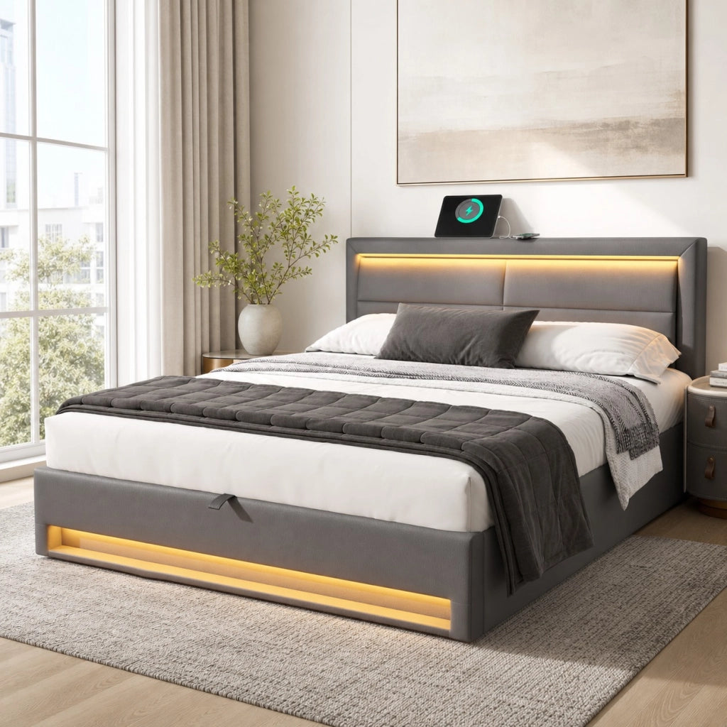 Letto imbottito matrimoniale 140x200 cm in PU grigio con USB; LED e contenitore