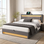 Letto imbottito matrimoniale 140x200 cm in PU grigio con USB; LED e contenitore