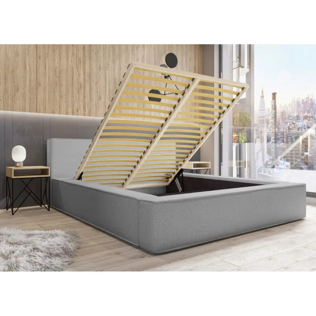 Letto contenitore VELORA – Sabbia grigia bouclé – 140x200 cm – Tessuto velluto morbido – Rete sollevabile – Contenitore integrato