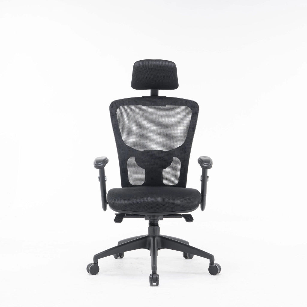 Sedia da ufficio Asterio, Poltrona direzionale a rete con braccioli, Seduta ergonomica da ufficio, 68x66h120/130 cm, Nero