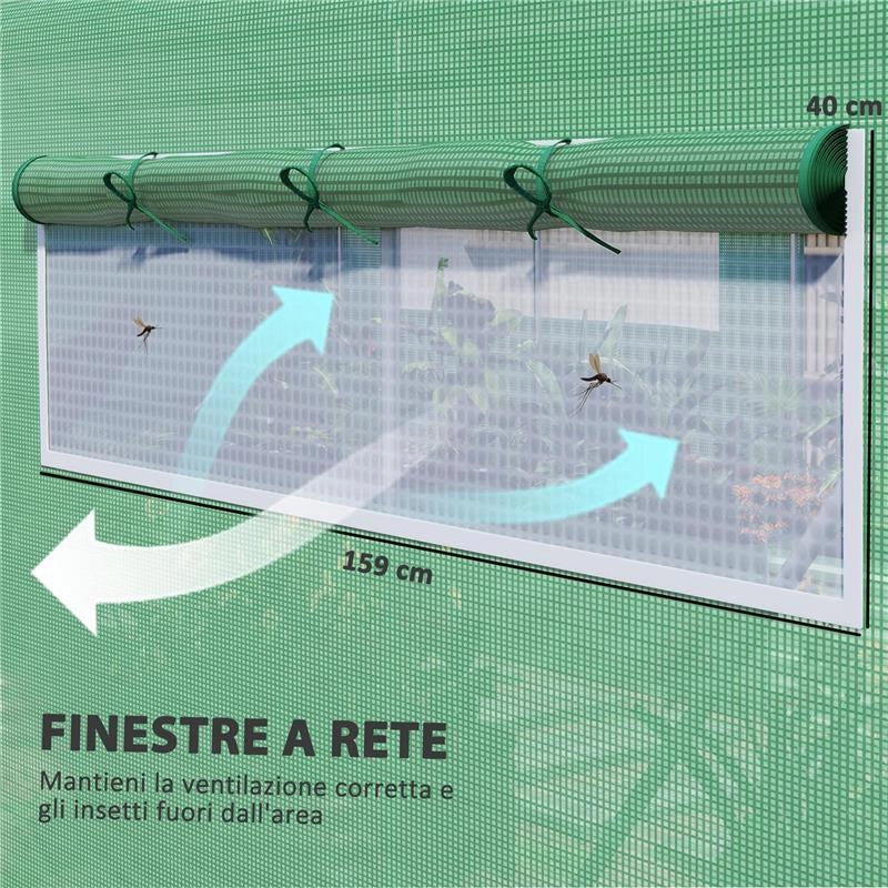 SERRA A TUNNEL CON 3 PORTE AVVOLGIBILI E 6 FINESTRELLE, IN ACCIAIO ZINCATO E PE, 6X3X2 M, VERDE