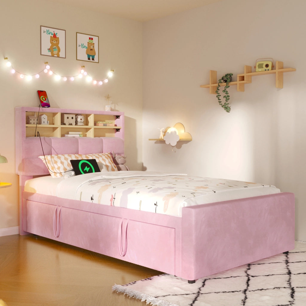 Letto singolo 90x200 cm rosa in velluto con letto estraibile per ospiti e prese USB