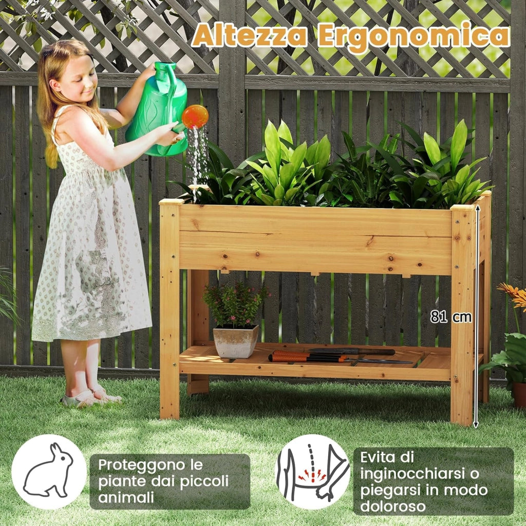 Letto per Orto Rialzato da Esterno in Legno di Abete, Fioriera Rialzata con Fori di Drenaggio e Ripiano Inferiore, Letto per Piante Urbano da Giardino e Patio, 120 x 60 x 82 cm (Naturale)