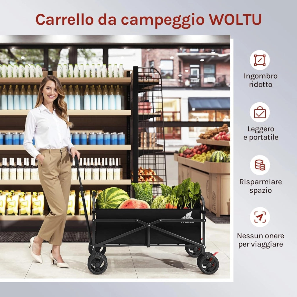 Carrello pieghevole da giardino, per festival, campeggio, picnic, spiaggia, shopping, con 4 ruote doppie universali, chiudibile, tessuto Oxford+metallo, nero