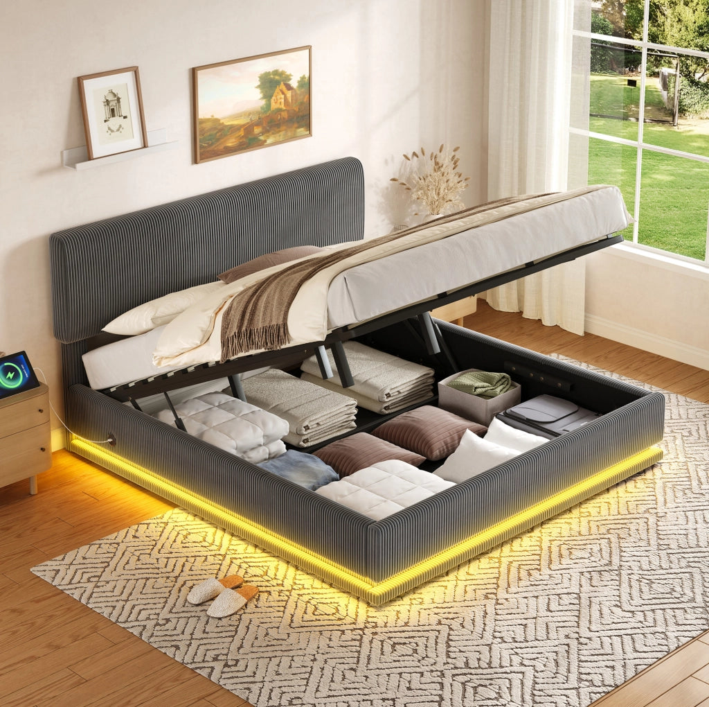Letto matrimoniale imbottito 140x200 cm in tessuto corduroy grigio scuro; testiera regolabile con LED e USB-C