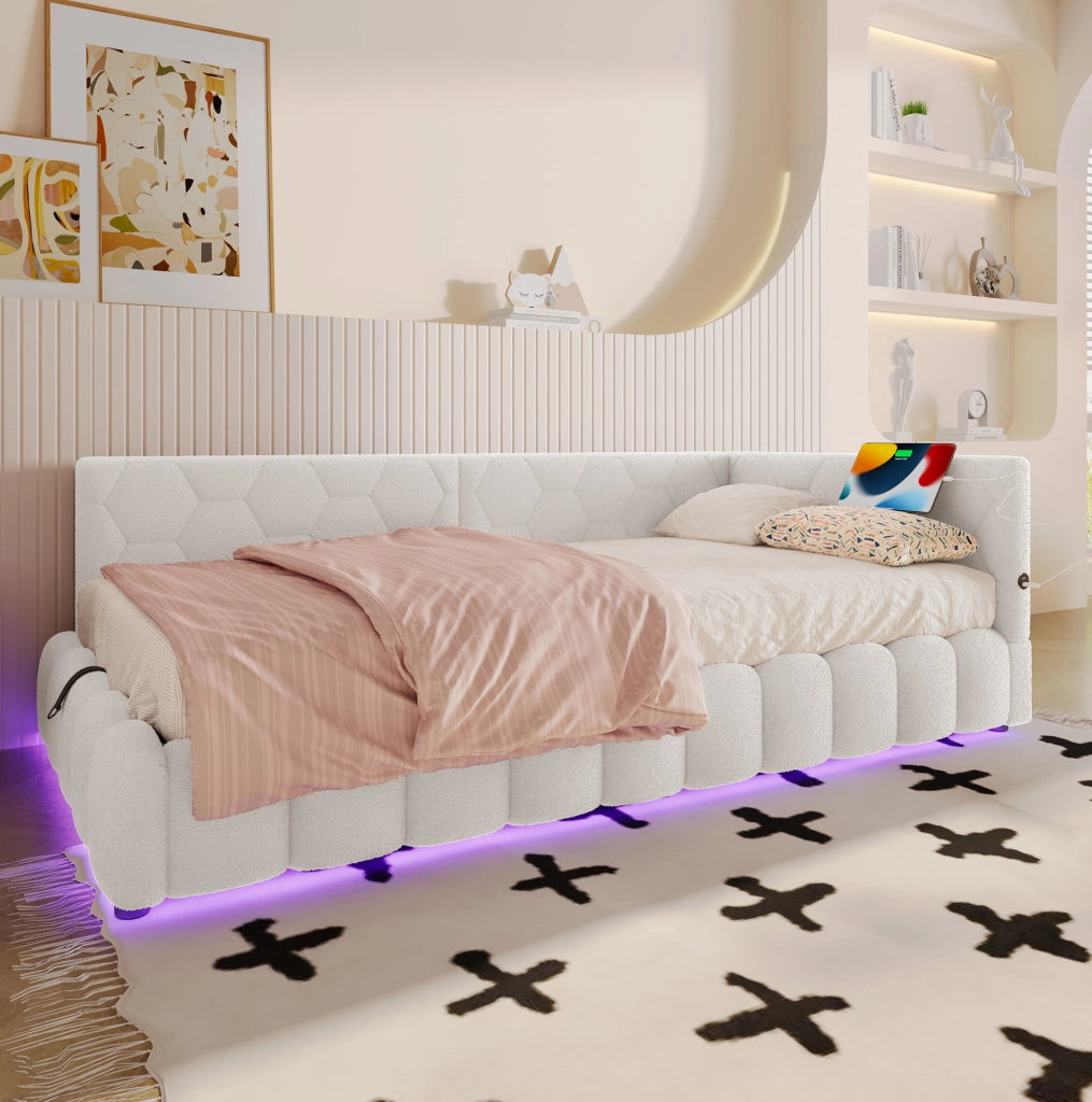 Letto da giorno 90x200 cm con contenitore idraulico, LED, USB e Type-C, bianco