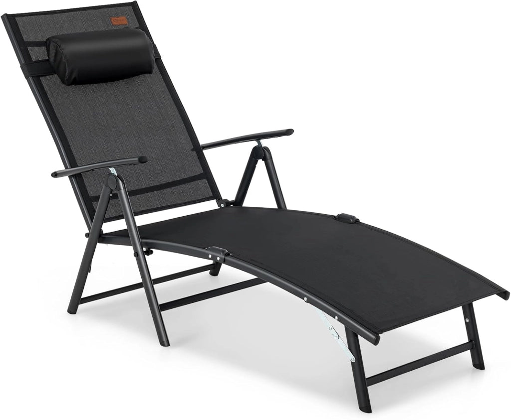 Lettino Prendisole Pieghevole, Schienale Regolabile in 7 Posizioni, Sdraio da Giardino in Textilene con Braccioli, Poggiatesta, Capacità di 150 kg, 142 x 61 x 103 cm (nero)