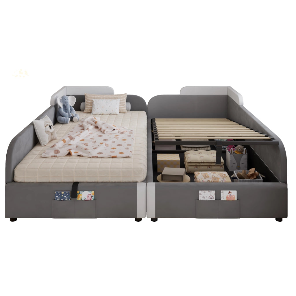 OKWISH Letto Combinato 90×200 cm ×2, Letto Doppio per Bambini con Vano Contenitore Idraulico, Tasca Portaoggetti e Spondina Imbottita, senza Materasso, Grigio