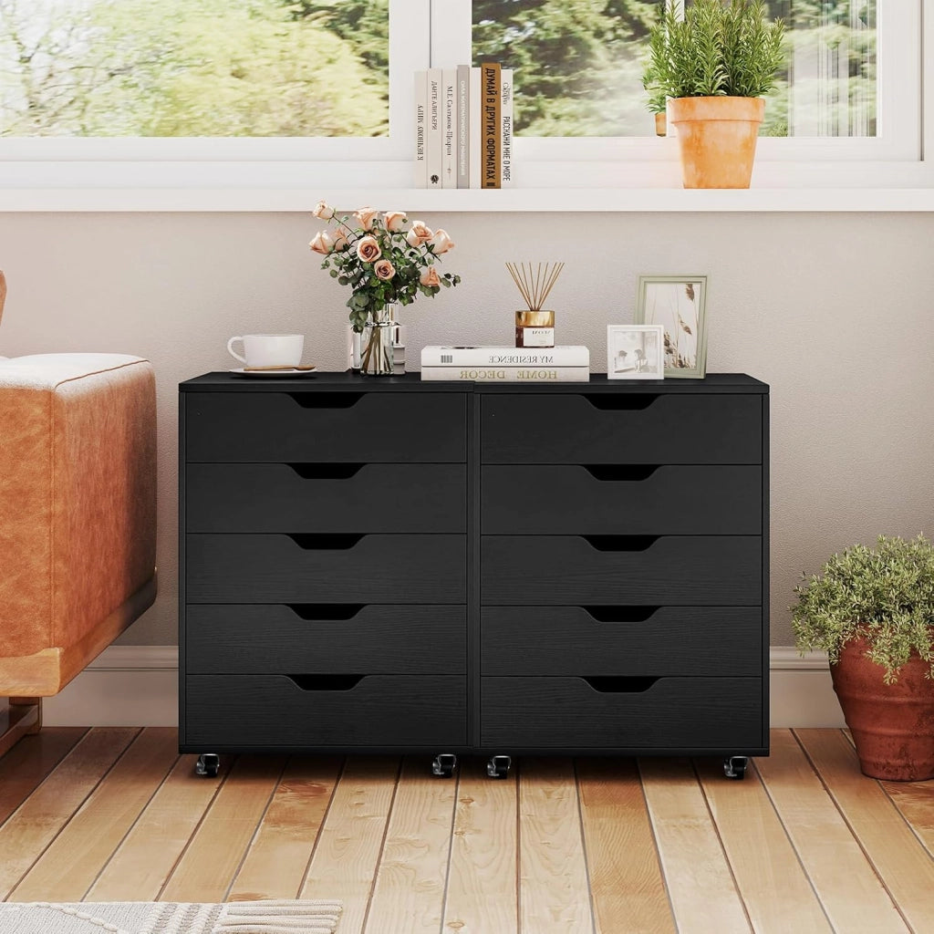 Cassetto da scrivania mobile con 5 cassetti da ufficio, mobile da ufficio, organizer con ruote, supporto per stampante per cartelle, documenti, documenti, carta, 48 x 39,5 x 69,5 cm (Nero)